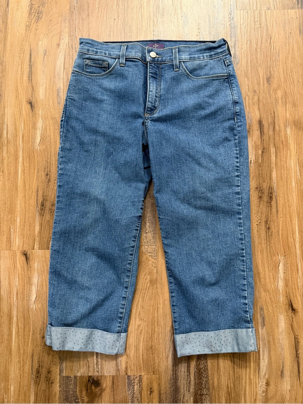 NYDJ Medium Blue Denim Straight Leg Rhinestones Women's Cropped Jean Pant Capri